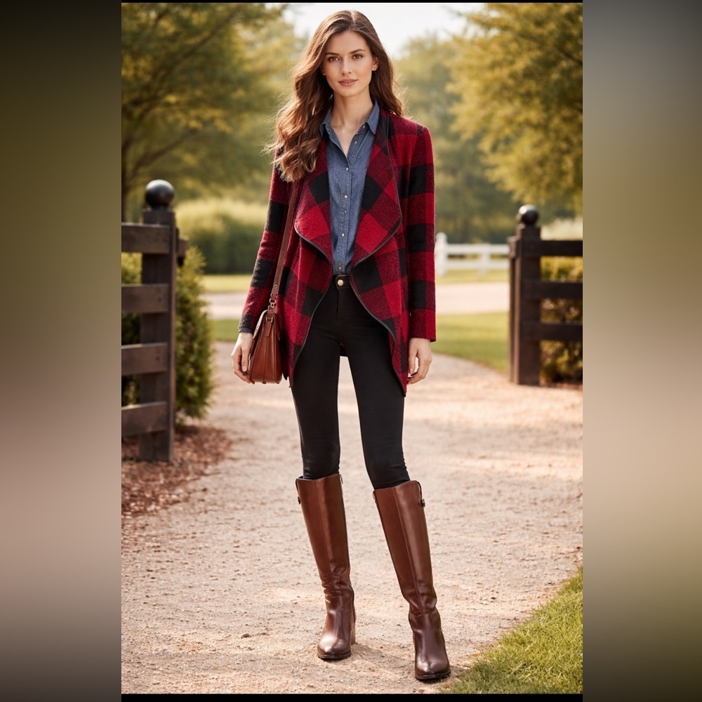 Carmin Black & Red Cotton Buffalo Check Cardigan Sweater Medium